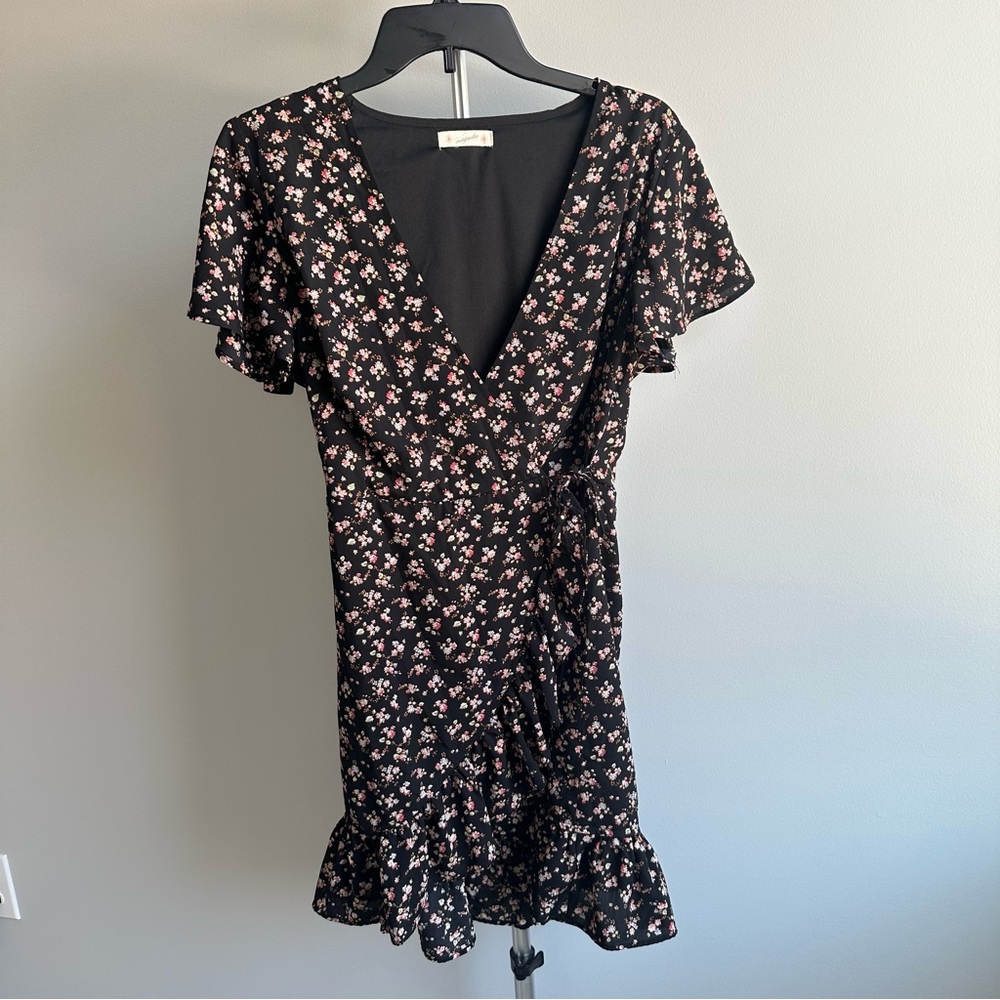 Magnolia Boutique | Black Floral Wrap Ruffle Mini Dress | Small